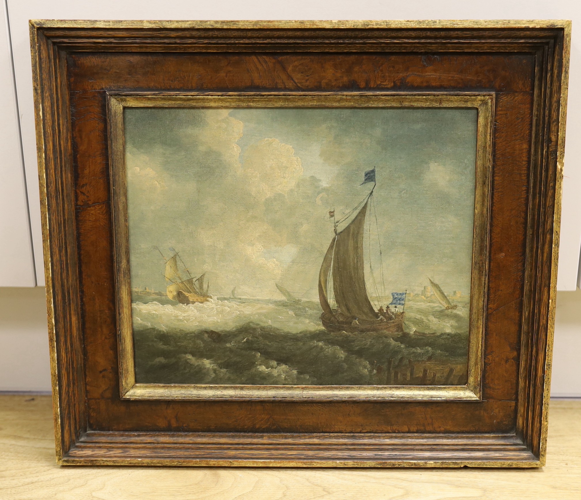 Follower of Willem Van de Velde (19th century), oil on canvas, Shipping off the coast, 25 x 30cm